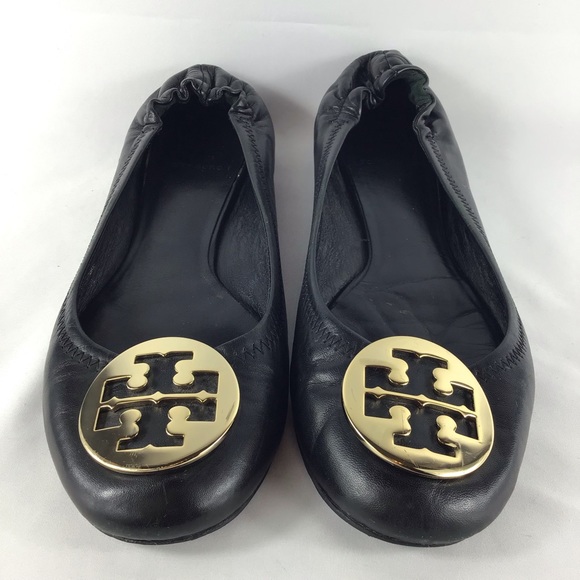 💙 TORY BURCH Ballerina Flats Gold Logo - Picture 1 of 15